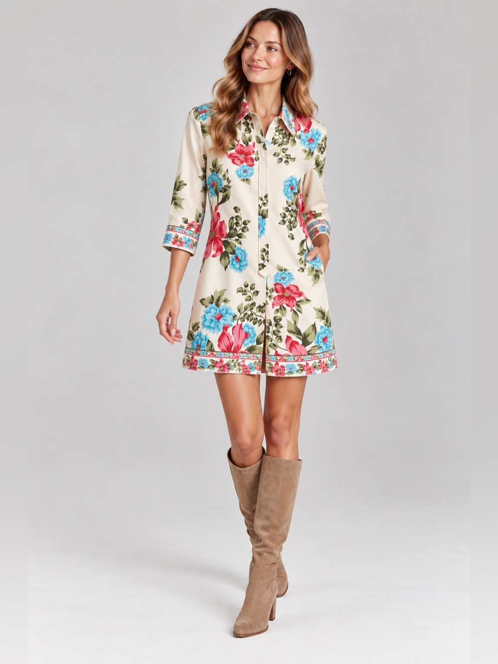 Plenty by Tracy Reese Vintage Style Cream Floral Shirt Dress 100% Silk Small